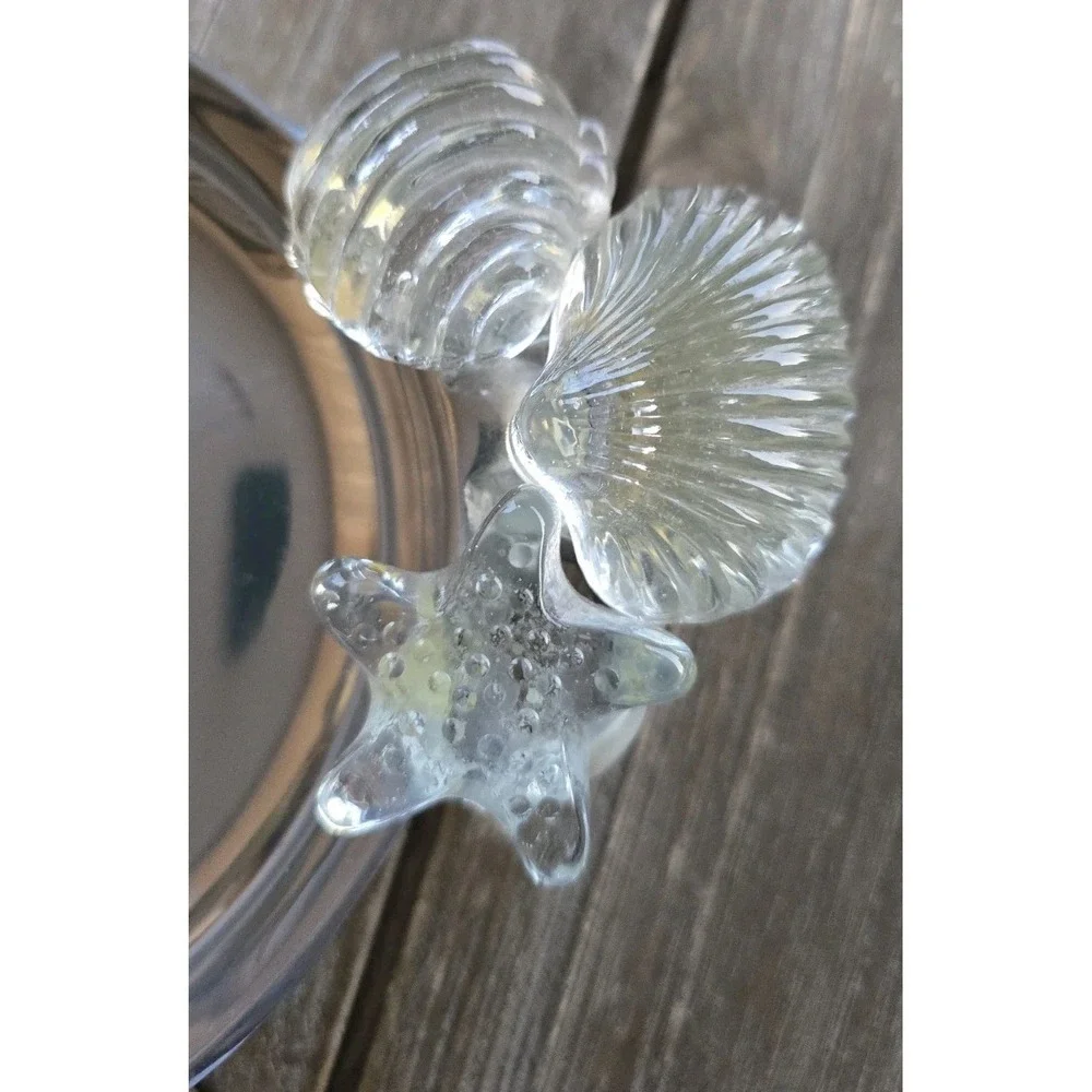 Vintage Silver Pewter Serving Tray Decorative Coadtal Glass Shell & Starfish